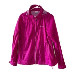 Columbia Pink Hooded Rain Jacket with Corded Hem and Adjustable Cuffs